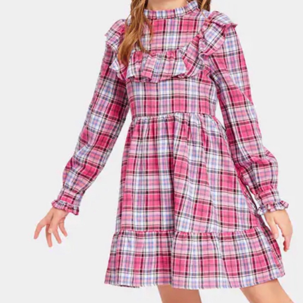 Girls Mock Neck Ruffle Embellished Plaid Dress